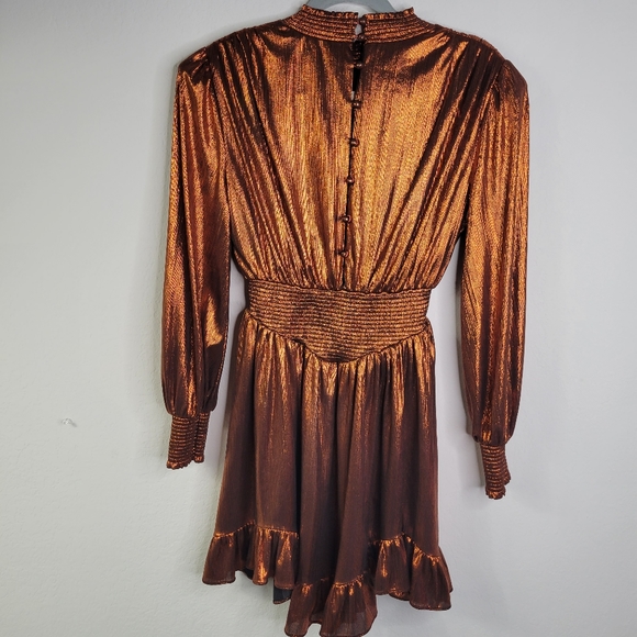 Retrofete melody metallic ruffle puff sleeves.  front cut out mini length size L - Picture 6 of 10